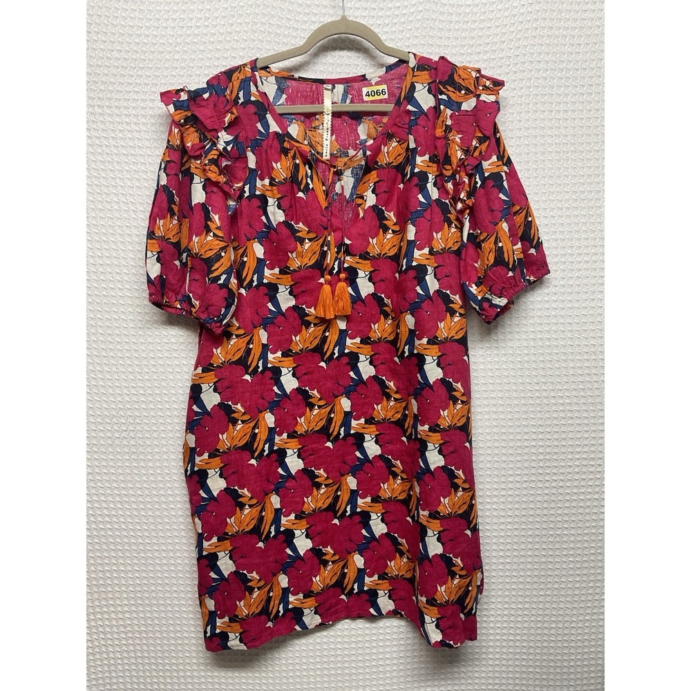 Uncle‎ Frank Dress Knee Length Floral Pink Multi 100% Linen Ruffle Shoulder BOHO